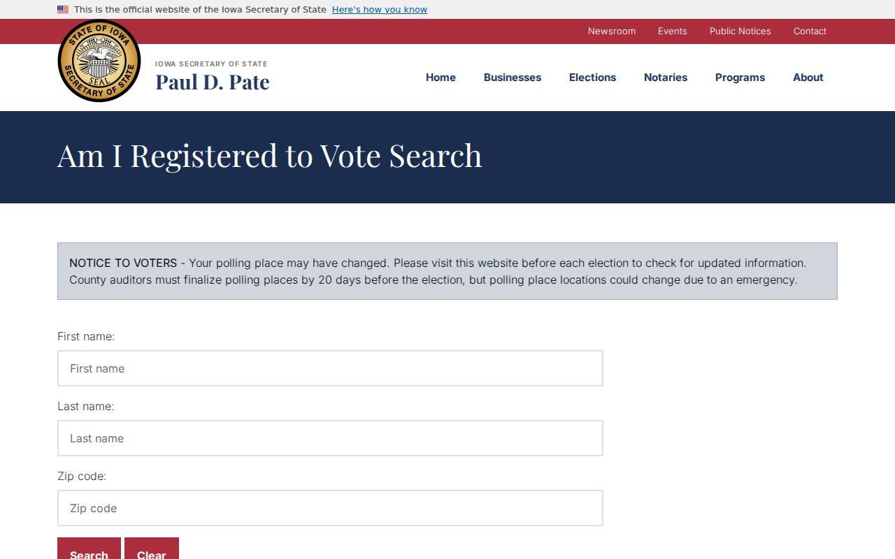 Iowa voter registration fields for an Urbandale resident lookup