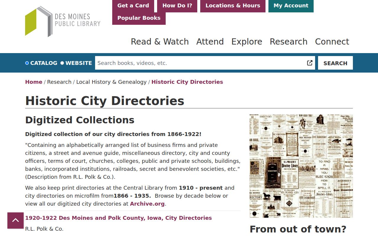 Des Moines Public Library historic city directory collections used for Urbandale research